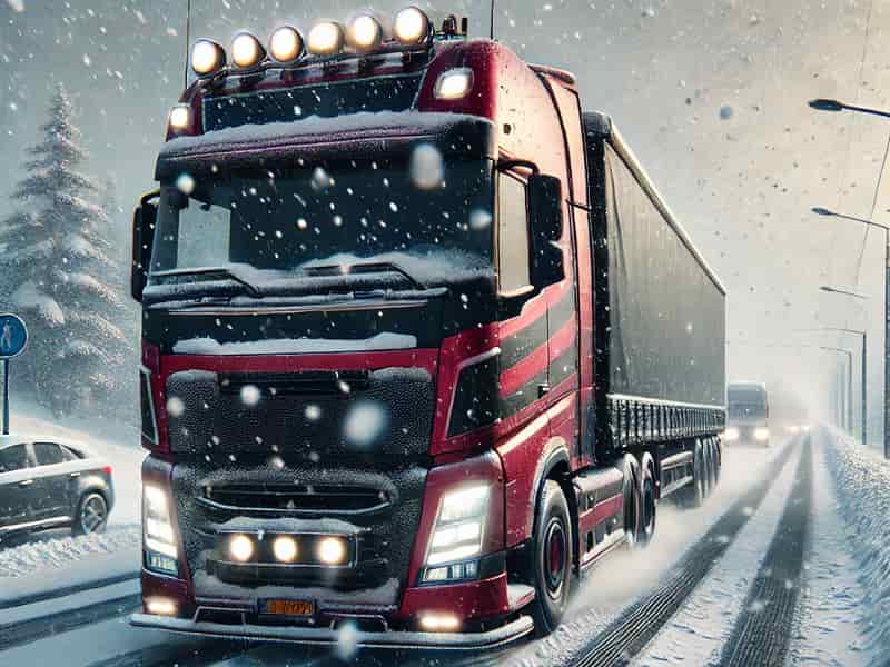 un camion grande rojo sobre carretera nevada